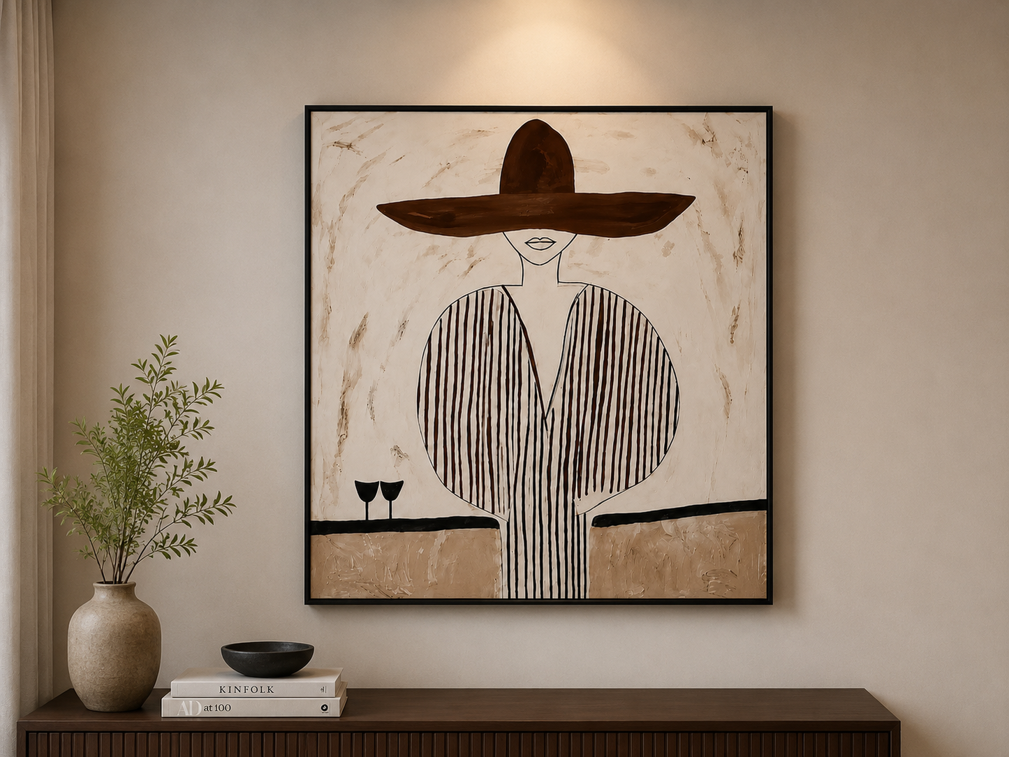 Modern Woman in Hat Painting – Handmade Wall Art 90x90 cm