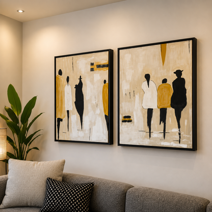 Abstract Figures Diptych Painting Set – Handmade Wall Art (2 Pieces)