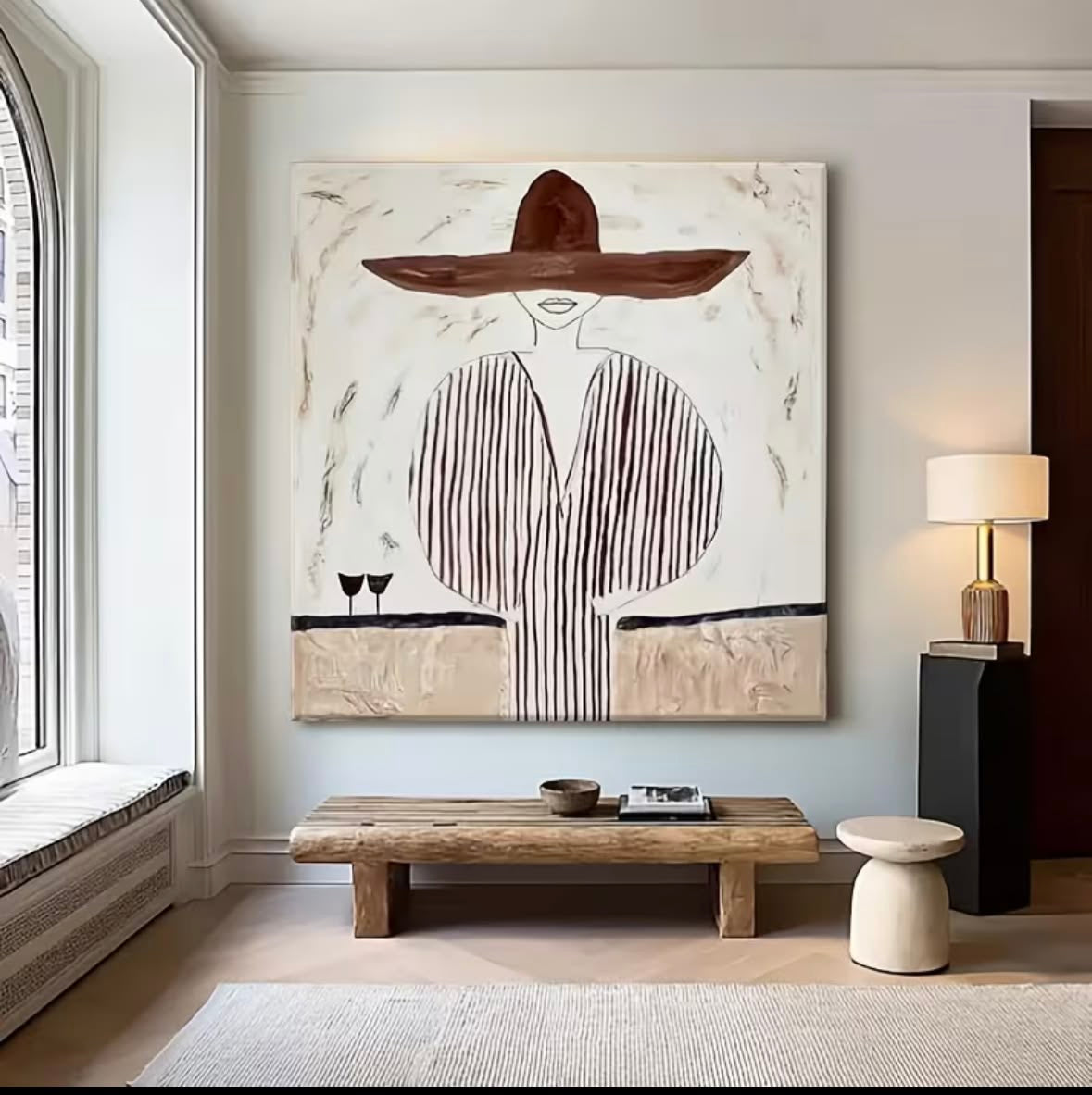 Modern Woman in Hat Painting – Handmade Wall Art 90x90 cm